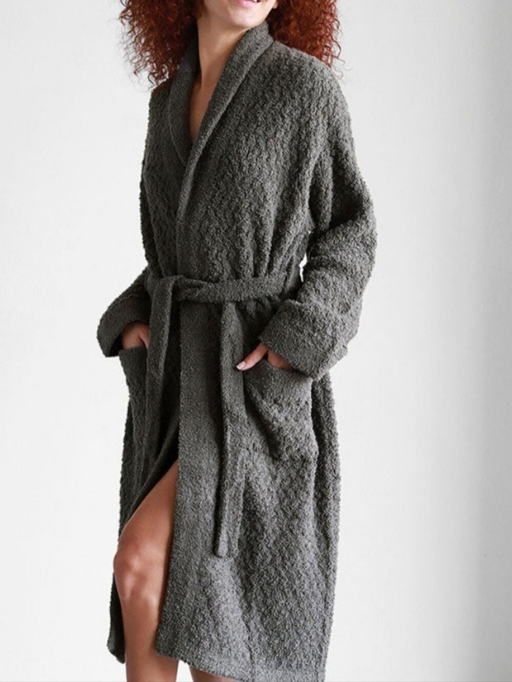 Plush Shawl-Collar Bouclé Robe in Charcoal Gray